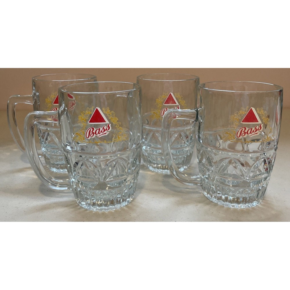 Vintage Bass Beer Mugs Steins Pint Glasses 16 Oz Cut Dimpled Set Of 4 England